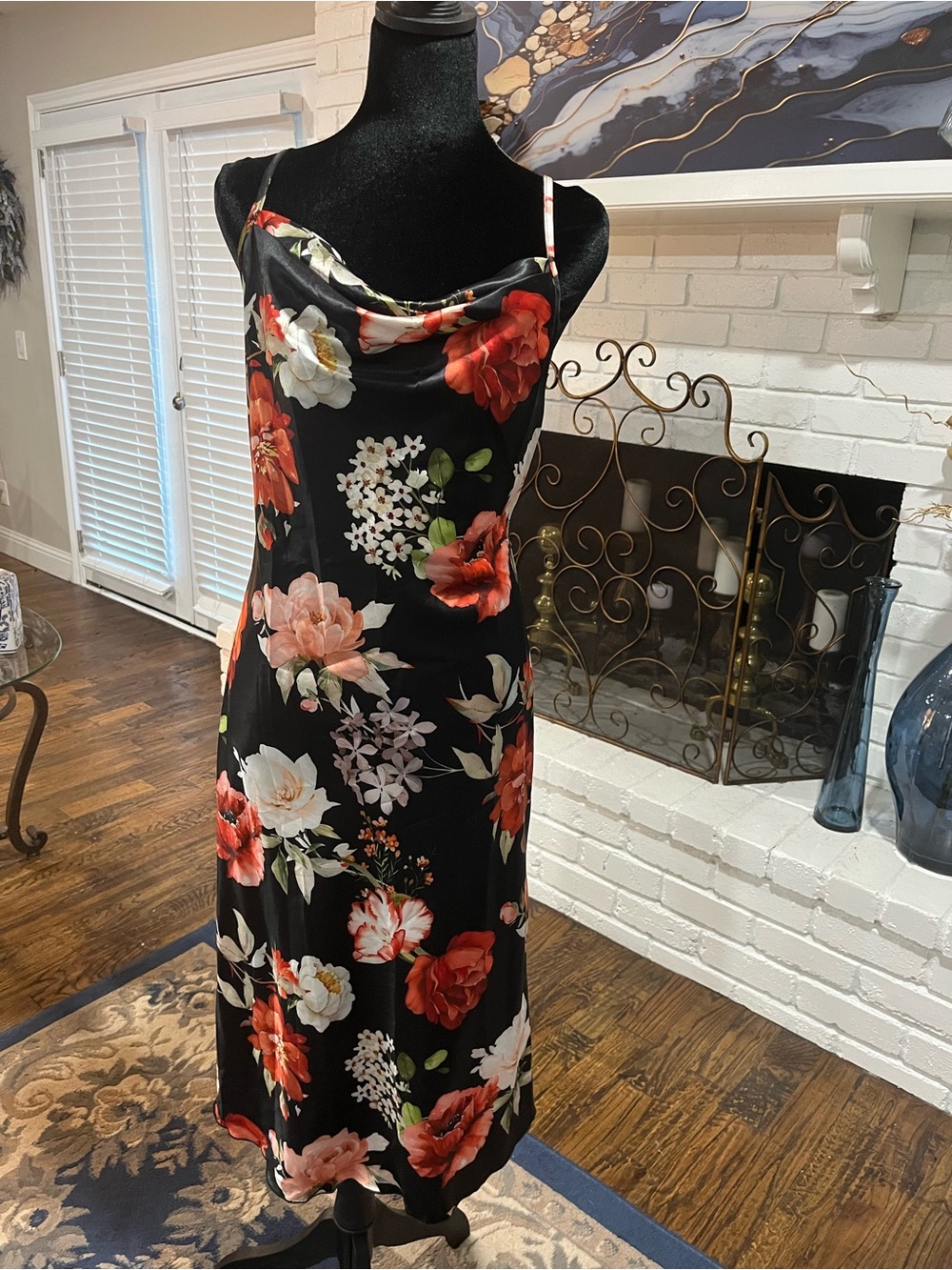 bebe Black Midi Slip Dress with Red & Cream Floral Print